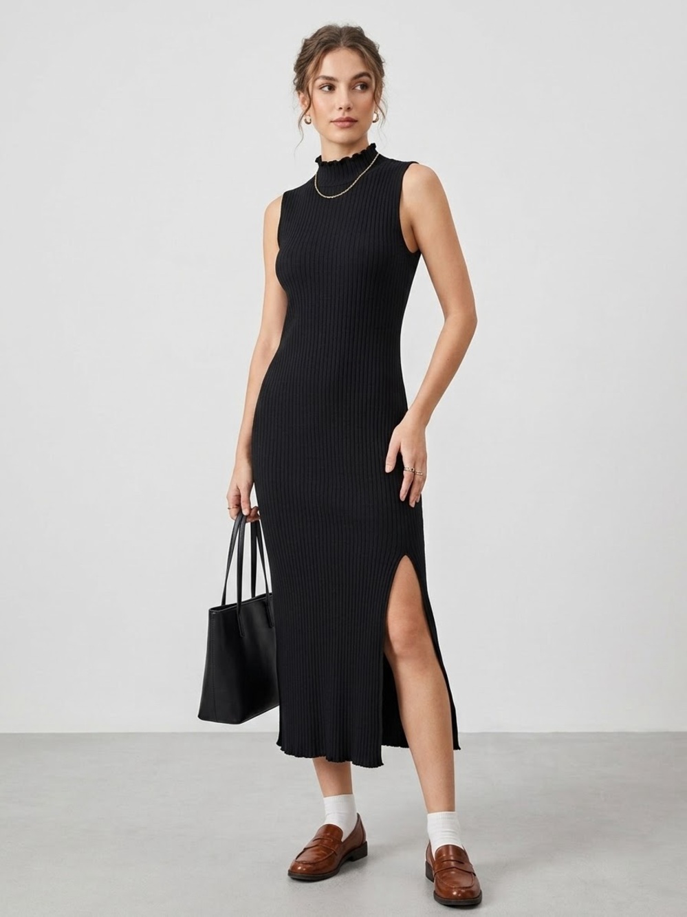 Rails Marjorie Black Cotton Ribbed Mock Neck Tank Midi Bodycon Dress Size XS